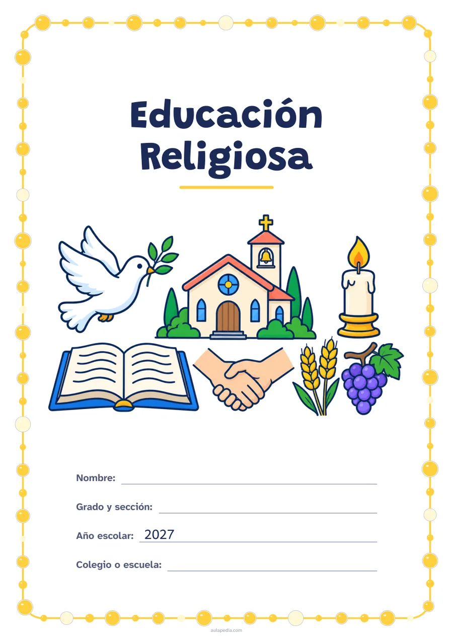 Portada de «Educación Religiosa» a color, con un marco redondeado de gomets de varios tamaños. Dibujo: una paloma con una rama de olivo, una capilla, una vela encendida, un libro abierto, dos manos que se estrechan, espigas de trigo y un racimo de uvas.