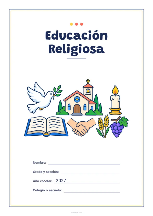 Portada de «Educación Religiosa» a color, con un marco fino de doble línea y mucho blanco. Dibujo: una paloma con una rama de olivo, una capilla, una vela encendida, un libro abierto, dos manos que se estrechan, espigas de trigo y un racimo de uvas.