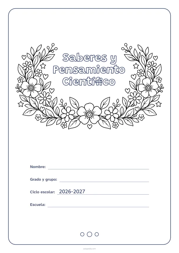 Portada de «Saberes y Pensamiento Científico» para colorear, con el título dentro de una corona de hojas y flores. Dibujo: una corona de hojas, flores, estrellas y corazones, abierta por arriba y con el centro vacío para el título.