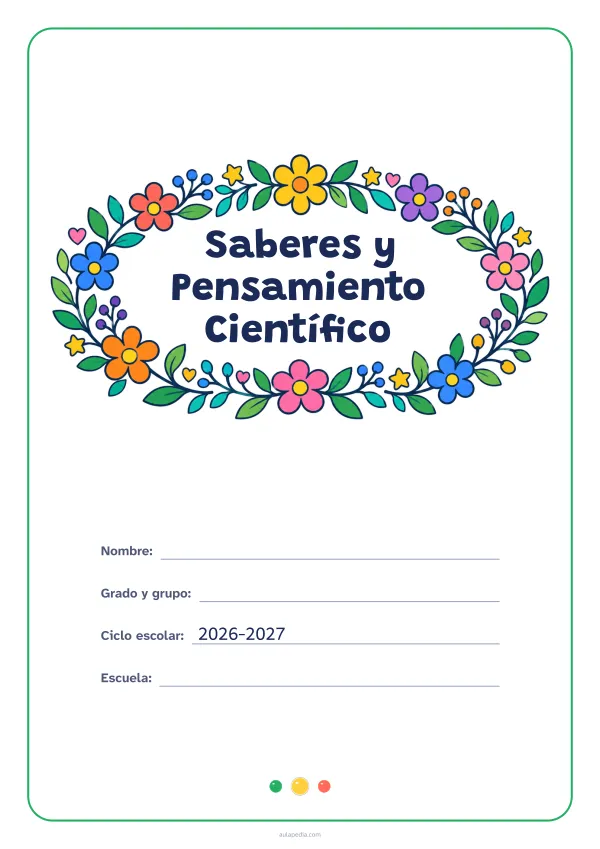 Portada de «Saberes y Pensamiento Científico» a color, con el título dentro de una corona de hojas y flores. Dibujo: una corona ovalada de hojas, flores, estrellas y corazones, con el centro vacío para el título.