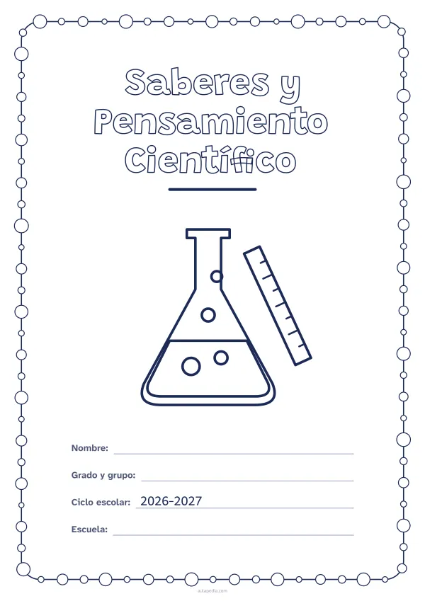 Portada de «Saberes y Pensamiento Científico» para colorear, con un marco redondeado de gomets de varios tamaños. Dibujo: un matraz con burbujas y una regla.