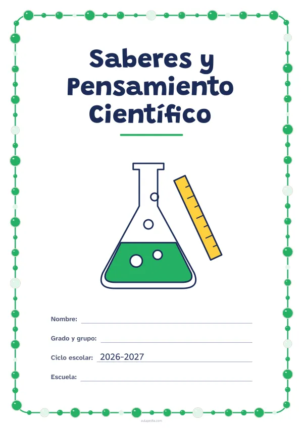 Portada de «Saberes y Pensamiento Científico» a color, con un marco redondeado de gomets de varios tamaños. Dibujo: un matraz con burbujas y una regla.