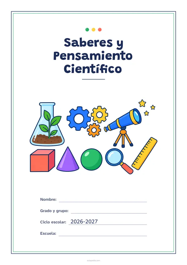 Portada de «Saberes y Pensamiento Científico» a color, con un marco fino de doble línea y mucho blanco. Dibujo: una planta que crece dentro de un matraz, engranajes, un telescopio que apunta a las estrellas, un cubo, un cono, una esfera, una lupa y una regla.