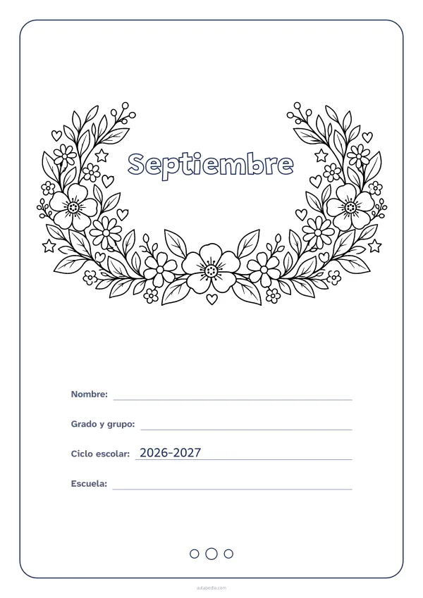 Portada de «Septiembre» para colorear, con el título dentro de una corona de hojas y flores. Dibujo: una corona de hojas, flores, estrellas y corazones, abierta por arriba y con el centro vacío para el título.