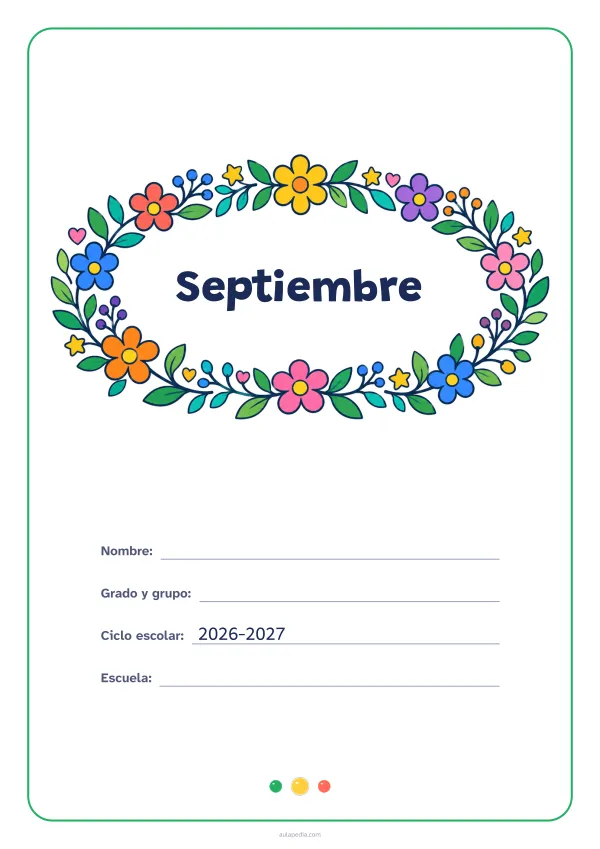 Portada de «Septiembre» a color, con el título dentro de una corona de hojas y flores. Dibujo: una corona ovalada de hojas, flores, estrellas y corazones, con el centro vacío para el título.