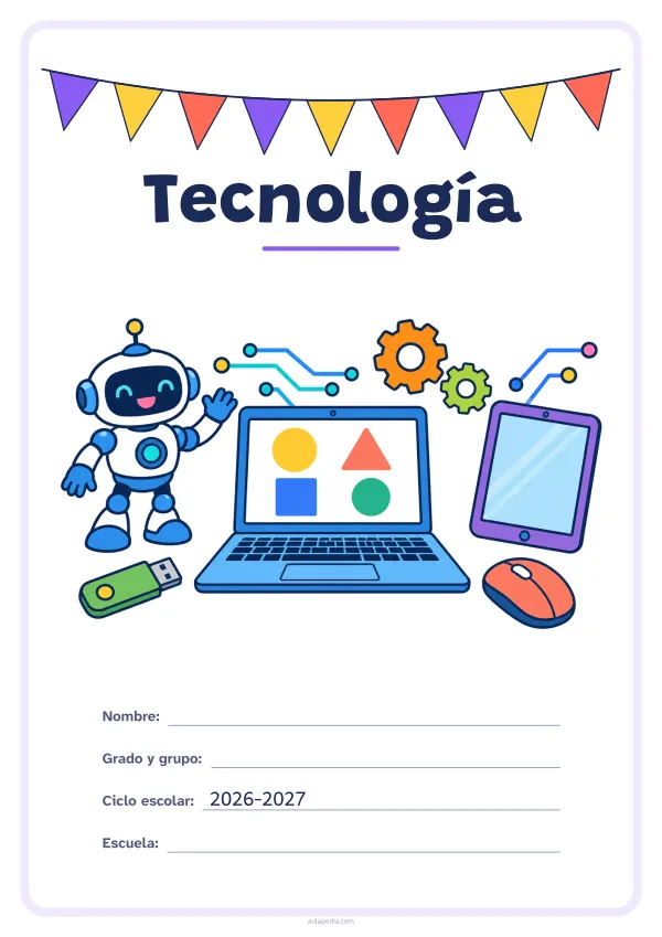 Portada de «Tecnología» a color, con una guirnalda de banderines sobre el título. Dibujo: una computadora portátil con figuras en la pantalla, un ratón, un robot que saluda, engranajes, una tableta, una memoria USB y líneas de circuito.