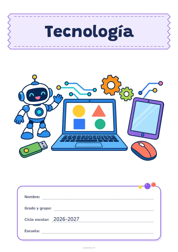 Portada de «Tecnología» a color, con el título sobre una cinta de tela y los datos en una tarjeta. Dibujo: una computadora portátil con figuras en la pantalla, un ratón, un robot que saluda, engranajes, una tableta, una memoria USB y líneas de circuito.