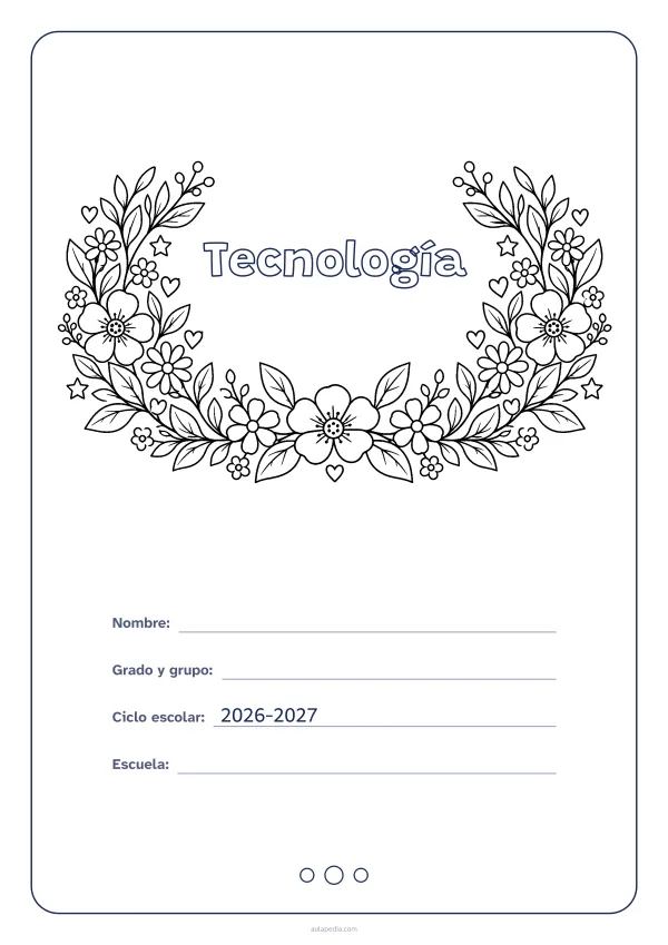 Portada de «Tecnología» para colorear, con el título dentro de una corona de hojas y flores. Dibujo: una corona de hojas, flores, estrellas y corazones, abierta por arriba y con el centro vacío para el título.