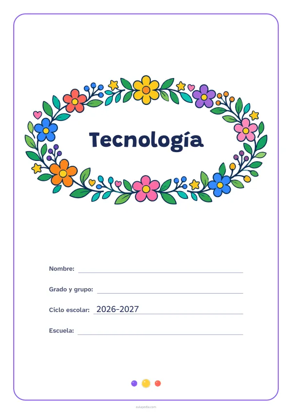 Portada de «Tecnología» a color, con el título dentro de una corona de hojas y flores. Dibujo: una corona ovalada de hojas, flores, estrellas y corazones, con el centro vacío para el título.