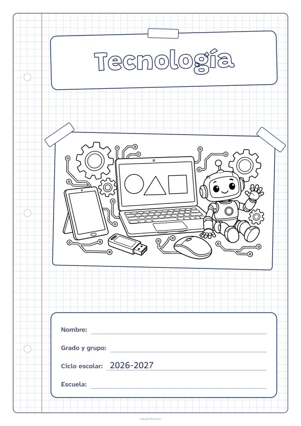 Portada de «Tecnología» para colorear, con una hoja cuadriculada con margen, el título en un cartel y el dibujo pegado como una foto. Dibujo: una computadora portátil con figuras en la pantalla, un ratón, un robot que saluda, engranajes, una tableta, una memoria USB y líneas de circuito.