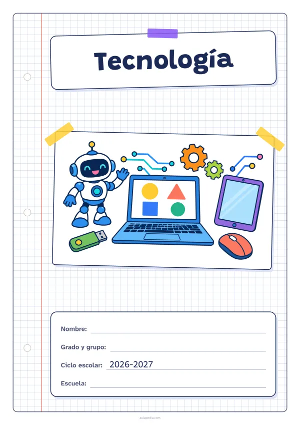 Portada de «Tecnología» a color, con una hoja cuadriculada con margen, el título en un cartel y el dibujo pegado como una foto. Dibujo: una computadora portátil con figuras en la pantalla, un ratón, un robot que saluda, engranajes, una tableta, una memoria USB y líneas de circuito.
