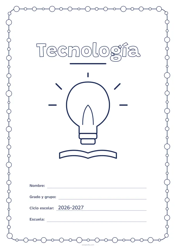Portada de «Tecnología» para colorear, con un marco redondeado de gomets de varios tamaños. Dibujo: una bombilla encendida sobre un libro.