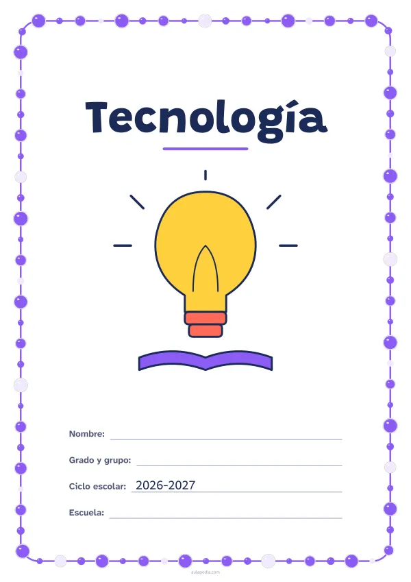 Portada de «Tecnología» a color, con un marco redondeado de gomets de varios tamaños. Dibujo: una bombilla encendida sobre un libro.