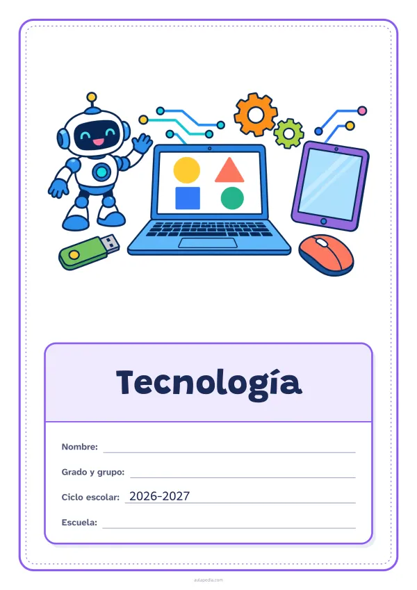 Portada de «Tecnología» a color, con el dibujo arriba y, debajo, una gran etiqueta escolar con el título y los datos. Dibujo: una computadora portátil con figuras en la pantalla, un ratón, un robot que saluda, engranajes, una tableta, una memoria USB y líneas de circuito.