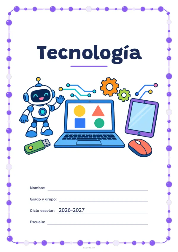 Portada de «Tecnología» a color, con un marco redondeado de gomets de varios tamaños. Dibujo: una computadora portátil con figuras en la pantalla, un ratón, un robot que saluda, engranajes, una tableta, una memoria USB y líneas de circuito.