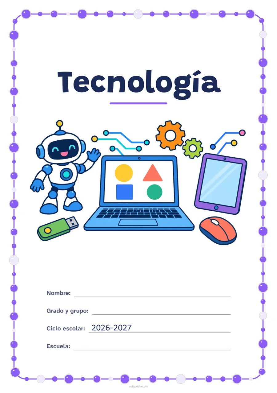 Portada de «Tecnología» a color, con un marco redondeado de gomets de varios tamaños. Dibujo: una computadora portátil con figuras en la pantalla, un ratón, un robot que saluda, engranajes, una tableta, una memoria USB y líneas de circuito.