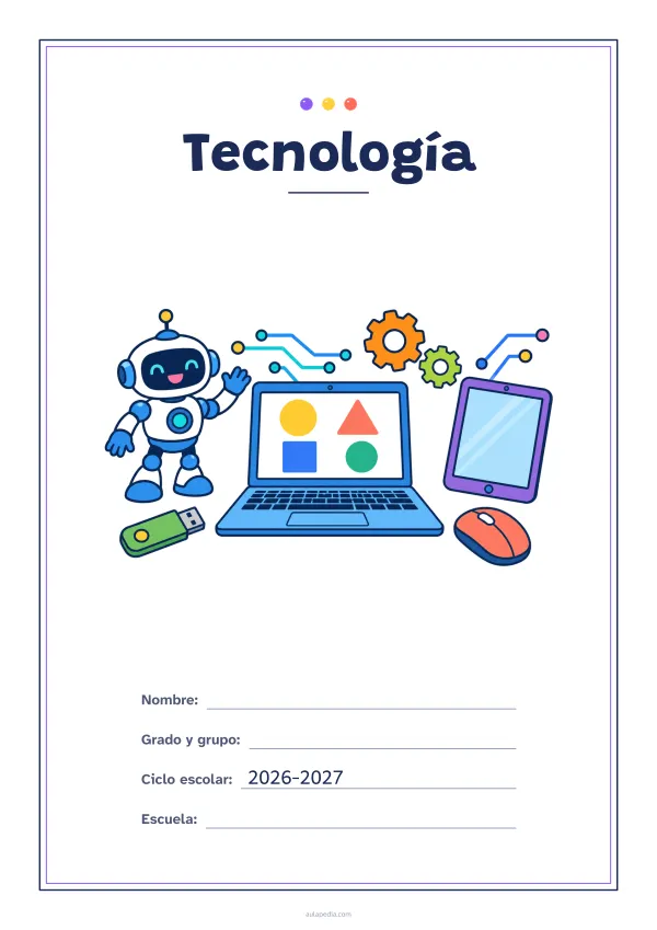 Portada de «Tecnología» a color, con un marco fino de doble línea y mucho blanco. Dibujo: una computadora portátil con figuras en la pantalla, un ratón, un robot que saluda, engranajes, una tableta, una memoria USB y líneas de circuito.