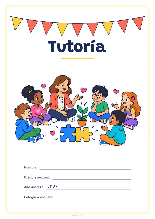 Portada de «Tutoría» a color, con una guirnalda de banderines sobre el título. Dibujo: una maestra y cinco estudiantes que conversan sentados en círculo, con corazones, dos piezas de rompecabezas que encajan y una planta que crece.