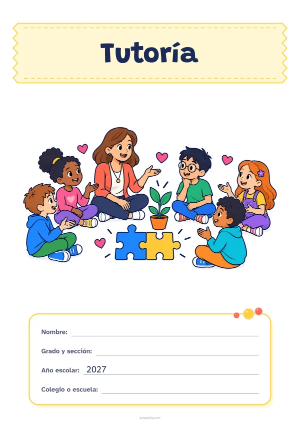 Portada de «Tutoría» a color, con el título sobre una cinta de tela y los datos en una tarjeta. Dibujo: una maestra y cinco estudiantes que conversan sentados en círculo, con corazones, dos piezas de rompecabezas que encajan y una planta que crece.