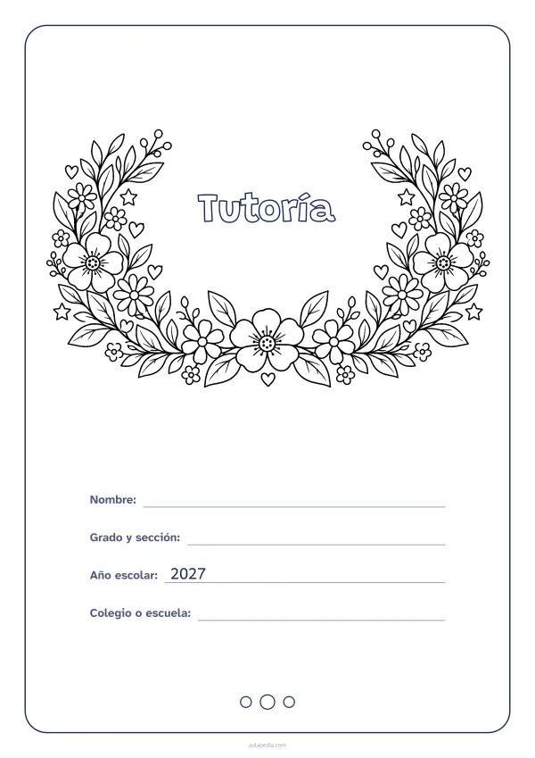Portada de «Tutoría» para colorear, con el título dentro de una corona de hojas y flores. Dibujo: una corona de hojas, flores, estrellas y corazones, abierta por arriba y con el centro vacío para el título.