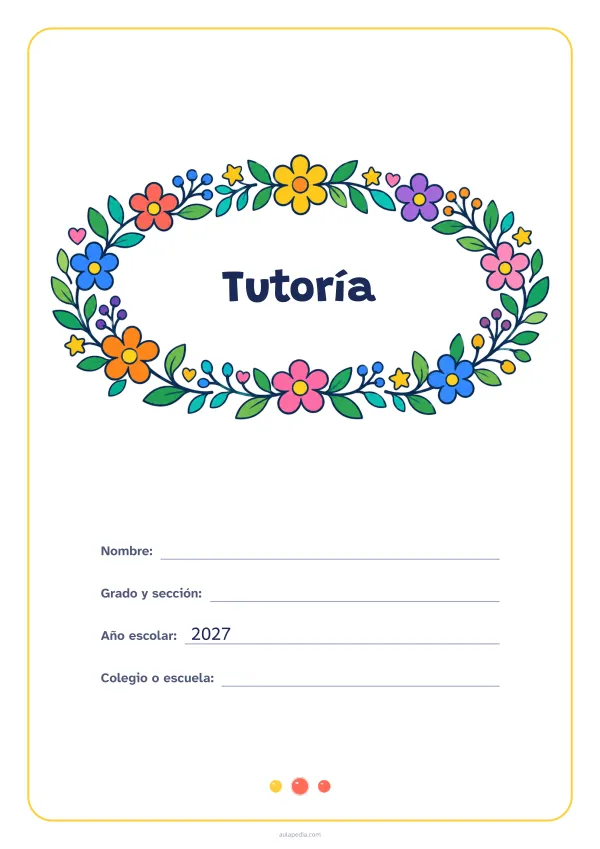 Portada de «Tutoría» a color, con el título dentro de una corona de hojas y flores. Dibujo: una corona ovalada de hojas, flores, estrellas y corazones, con el centro vacío para el título.