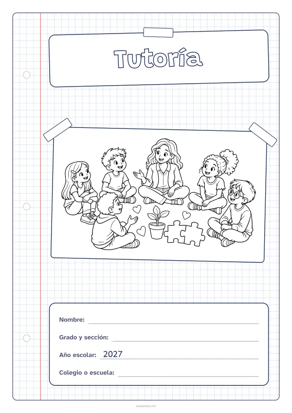 Portada de «Tutoría» para colorear, con una hoja cuadriculada con margen, el título en un cartel y el dibujo pegado como una foto. Dibujo: una maestra y cinco estudiantes que conversan sentados en círculo, con corazones, dos piezas de rompecabezas que encajan y una planta que crece.