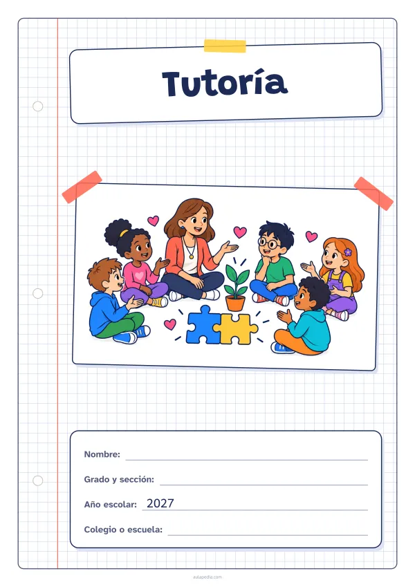 Portada de «Tutoría» a color, con una hoja cuadriculada con margen, el título en un cartel y el dibujo pegado como una foto. Dibujo: una maestra y cinco estudiantes que conversan sentados en círculo, con corazones, dos piezas de rompecabezas que encajan y una planta que crece.