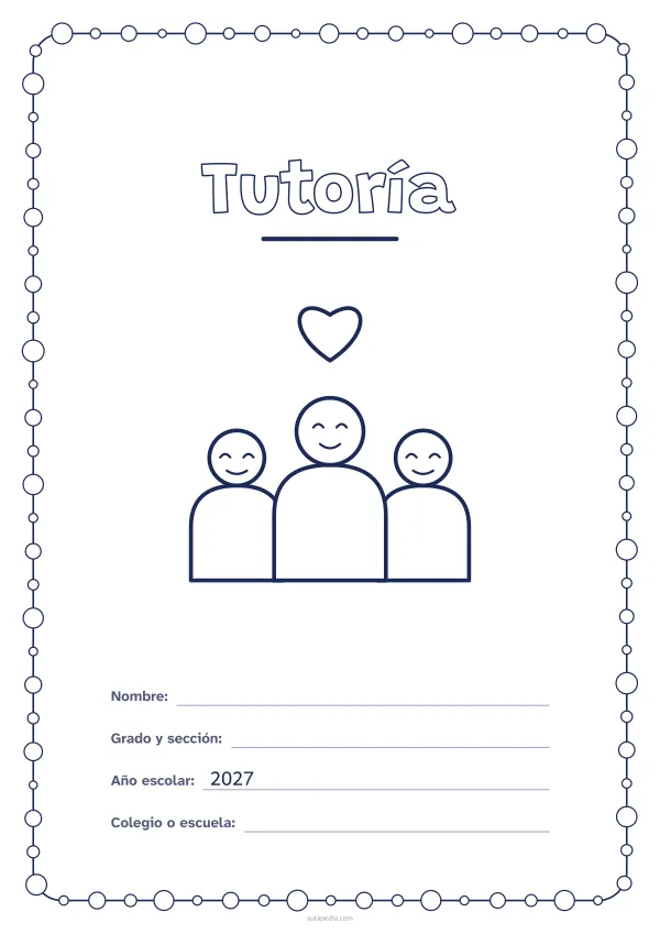 Portada de «Tutoría» para colorear, con un marco redondeado de gomets de varios tamaños. Dibujo: tres personas y un corazón.