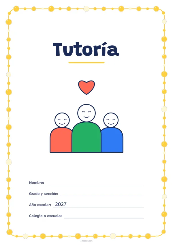 Portada de «Tutoría» a color, con un marco redondeado de gomets de varios tamaños. Dibujo: tres personas y un corazón.