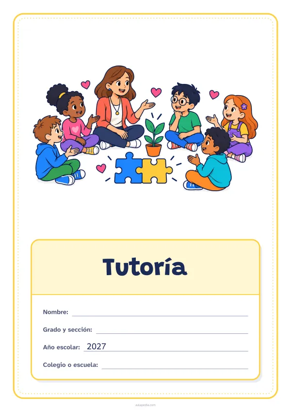 Portada de «Tutoría» a color, con el dibujo arriba y, debajo, una gran etiqueta escolar con el título y los datos. Dibujo: una maestra y cinco estudiantes que conversan sentados en círculo, con corazones, dos piezas de rompecabezas que encajan y una planta que crece.
