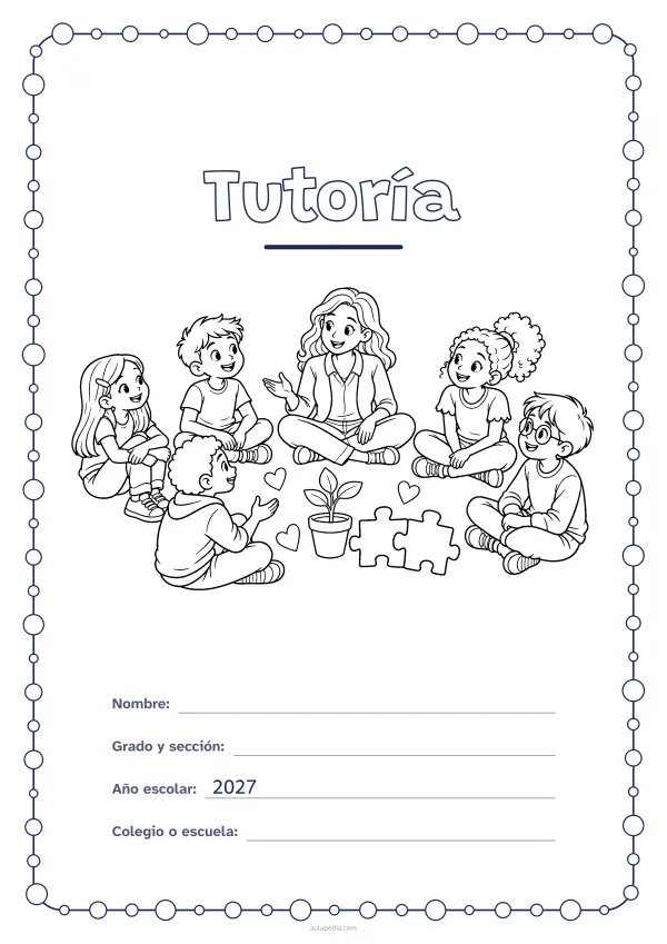 Portada de «Tutoría» para colorear, con un marco redondeado de gomets de varios tamaños. Dibujo: una maestra y cinco estudiantes que conversan sentados en círculo, con corazones, dos piezas de rompecabezas que encajan y una planta que crece.
