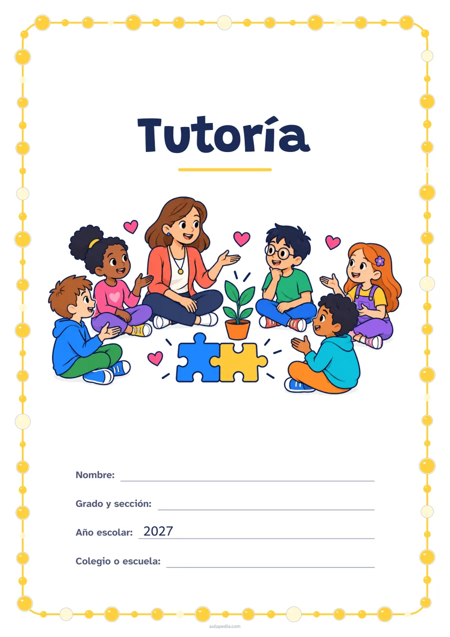 Portada de «Tutoría» a color, con un marco redondeado de gomets de varios tamaños. Dibujo: una maestra y cinco estudiantes que conversan sentados en círculo, con corazones, dos piezas de rompecabezas que encajan y una planta que crece.