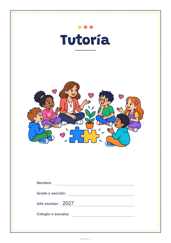 Portada de «Tutoría» a color, con un marco fino de doble línea y mucho blanco. Dibujo: una maestra y cinco estudiantes que conversan sentados en círculo, con corazones, dos piezas de rompecabezas que encajan y una planta que crece.