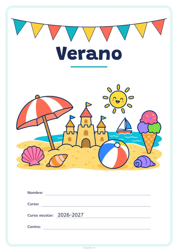 Portada de «Verano» a color, con una guirnalda de banderines sobre el título. Dibujo: una playa con una sombrilla, un castillo de arena, una pelota, un helado, un velero, conchas y un sol sonriente.