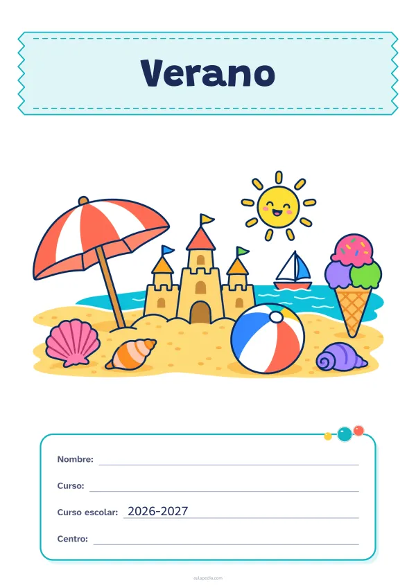 Portada de «Verano» a color, con el título sobre una cinta de tela y los datos en una tarjeta. Dibujo: una playa con una sombrilla, un castillo de arena, una pelota, un helado, un velero, conchas y un sol sonriente.