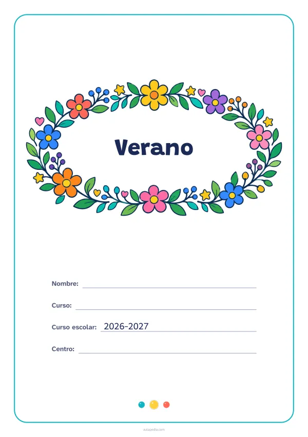 Portada de «Verano» a color, con el título dentro de una corona de hojas y flores. Dibujo: una corona ovalada de hojas, flores, estrellas y corazones, con el centro vacío para el título.
