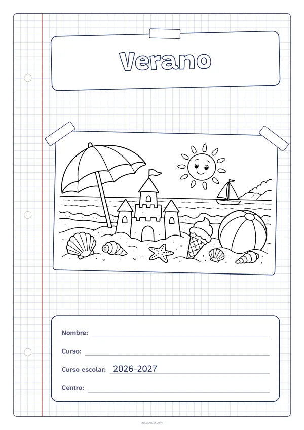 Portada de «Verano» para colorear, con una hoja cuadriculada con margen, el título en un cartel y el dibujo pegado como una foto. Dibujo: una playa con una sombrilla, un castillo de arena, una pelota, un helado, un velero, conchas y un sol sonriente.