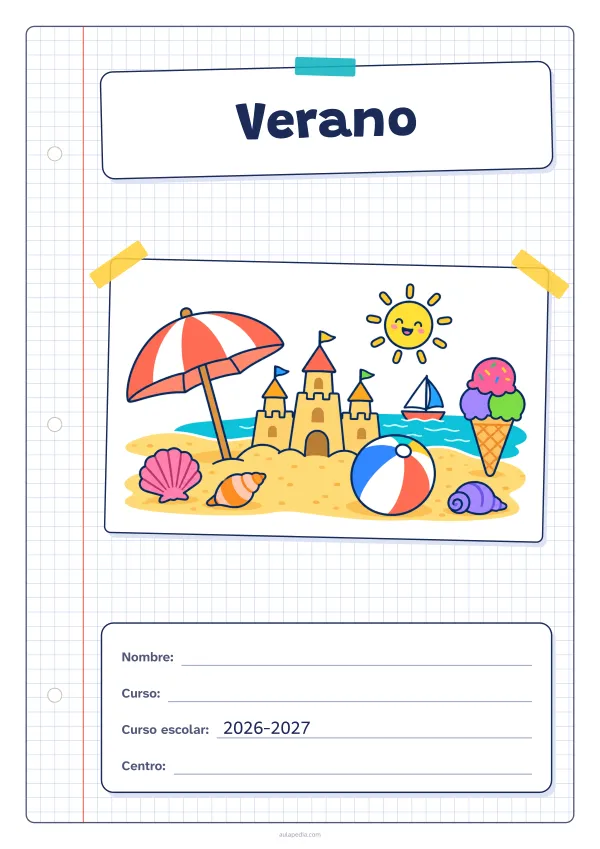 Portada de «Verano» a color, con una hoja cuadriculada con margen, el título en un cartel y el dibujo pegado como una foto. Dibujo: una playa con una sombrilla, un castillo de arena, una pelota, un helado, un velero, conchas y un sol sonriente.