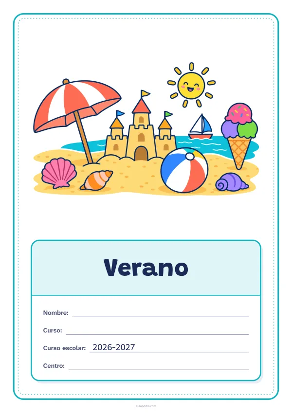 Portada de «Verano» a color, con el dibujo arriba y, debajo, una gran etiqueta escolar con el título y los datos. Dibujo: una playa con una sombrilla, un castillo de arena, una pelota, un helado, un velero, conchas y un sol sonriente.