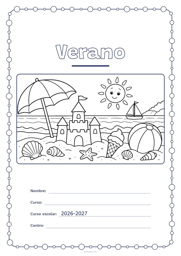 Portada de «Verano» para colorear, con un marco redondeado de gomets de varios tamaños. Dibujo: una playa con una sombrilla, un castillo de arena, una pelota, un helado, un velero, conchas y un sol sonriente.