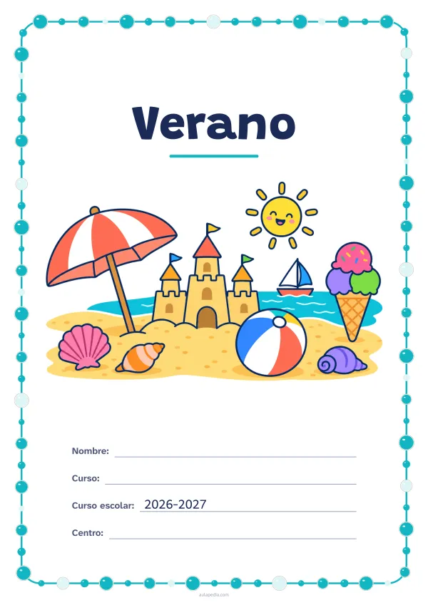 Portada de «Verano» a color, con un marco redondeado de gomets de varios tamaños. Dibujo: una playa con una sombrilla, un castillo de arena, una pelota, un helado, un velero, conchas y un sol sonriente.