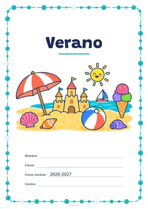 Portada de «Verano» a color, con un marco redondeado de gomets de varios tamaños. Dibujo: una playa con una sombrilla, un castillo de arena, una pelota, un helado, un velero, conchas y un sol sonriente.