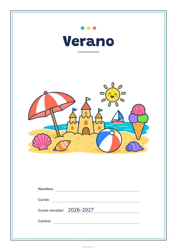 Portada de «Verano» a color, con un marco fino de doble línea y mucho blanco. Dibujo: una playa con una sombrilla, un castillo de arena, una pelota, un helado, un velero, conchas y un sol sonriente.