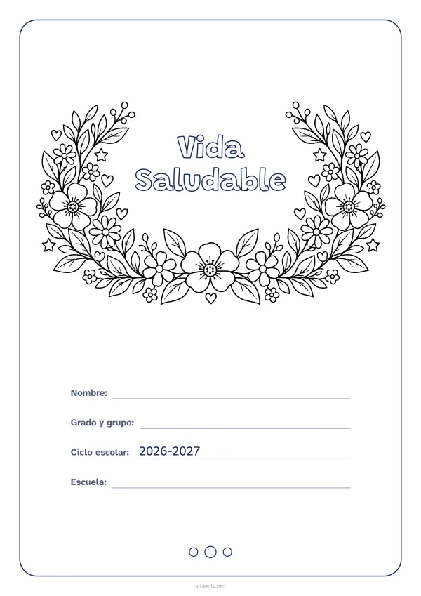 Portada de «Vida Saludable» para colorear, con el título dentro de una corona de hojas y flores. Dibujo: una corona de hojas, flores, estrellas y corazones, abierta por arriba y con el centro vacío para el título.