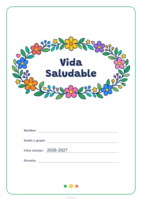 Portada de «Vida Saludable» a color, con el título dentro de una corona de hojas y flores. Dibujo: una corona ovalada de hojas, flores, estrellas y corazones, con el centro vacío para el título.