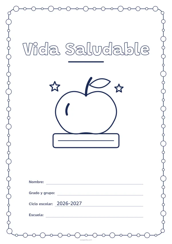Portada de «Vida Saludable» para colorear, con un marco redondeado de gomets de varios tamaños. Dibujo: una manzana sobre un libro.