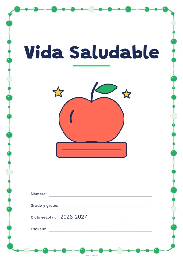 Portada de «Vida Saludable» a color, con un marco redondeado de gomets de varios tamaños. Dibujo: una manzana sobre un libro.