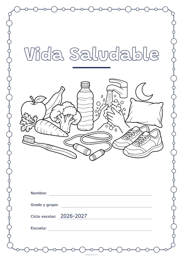 Portada de «Vida Saludable» para colorear, con un marco redondeado de gomets de varios tamaños. Dibujo: frutas y verduras, una botella de agua, un cepillo de dientes, una cuerda de saltar, unas zapatillas, una luna con una almohada y unas manos que se lavan con jabón.