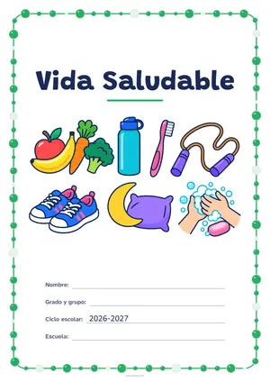 Portada de «Vida Saludable» a color, con un marco redondeado de gomets de varios tamaños. Dibujo: frutas y verduras, una botella de agua, un cepillo de dientes, una cuerda de saltar, unas zapatillas, una luna con una almohada y unas manos que se lavan con jabón.