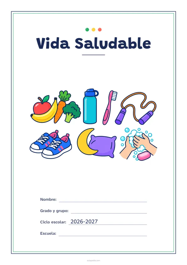 Portada de «Vida Saludable» a color, con un marco fino de doble línea y mucho blanco. Dibujo: frutas y verduras, una botella de agua, un cepillo de dientes, una cuerda de saltar, unas zapatillas, una luna con una almohada y unas manos que se lavan con jabón.